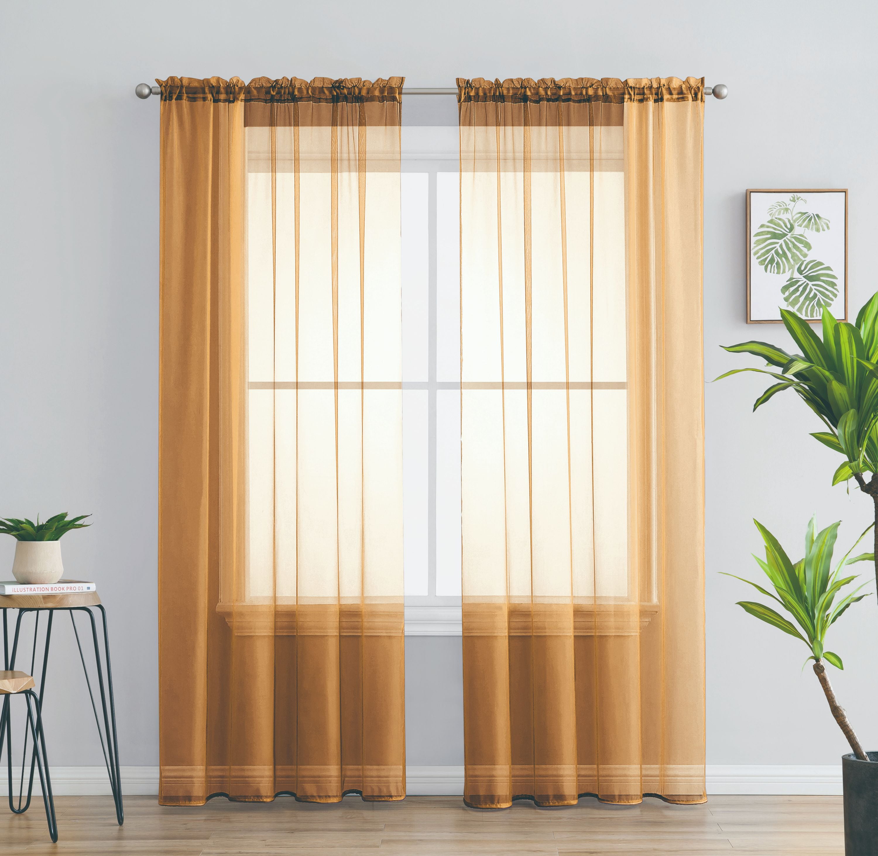 2 Piece Solid Rod Pocket Sheer Window Curtains Sheer Gold Curtains ...