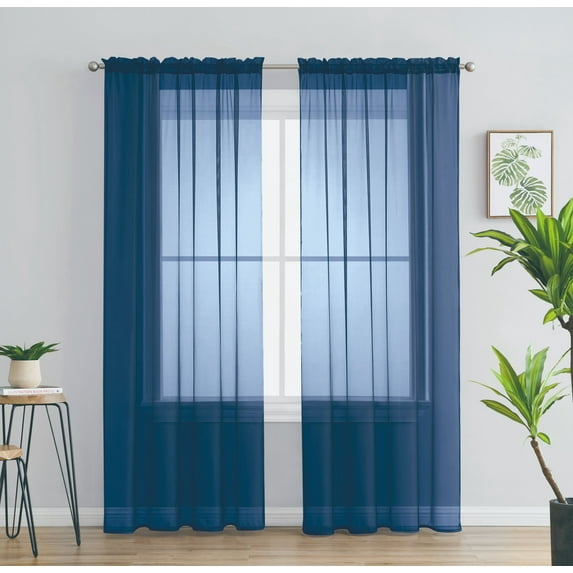 2 Piece Solid Rod Pocket Sheer Window Curtains Sheer Navy Curtains Window Curtains Set Of 2
