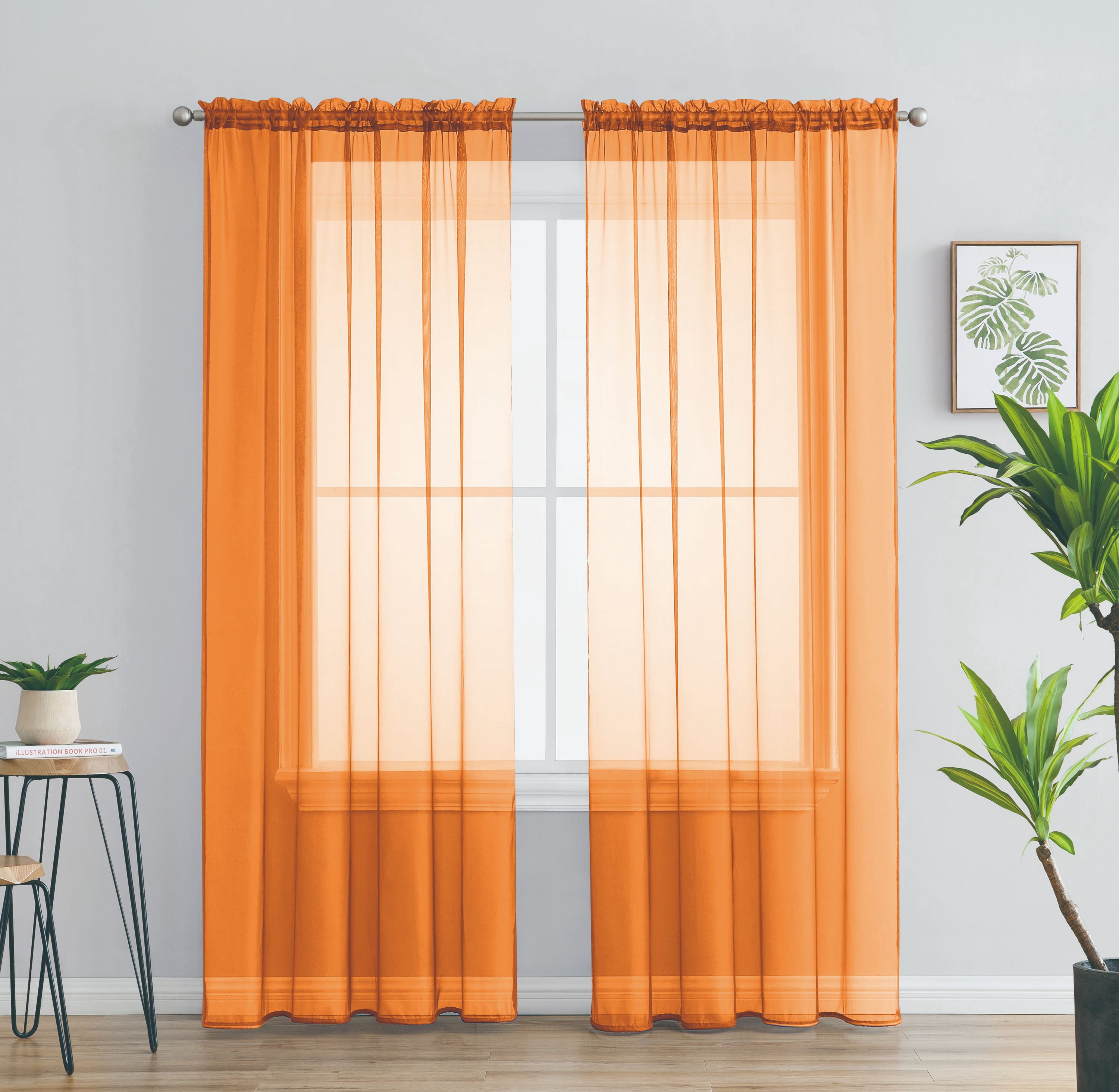 2 Piece Solid Rod Pocket Sheer Window Curtains Sheer Orange Curtains ...