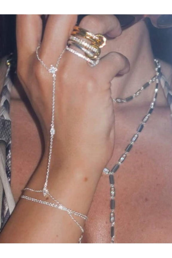 2-Piece Sparkling Cubic Zirconia Hand Chain Ring Bracelet Set in Silver