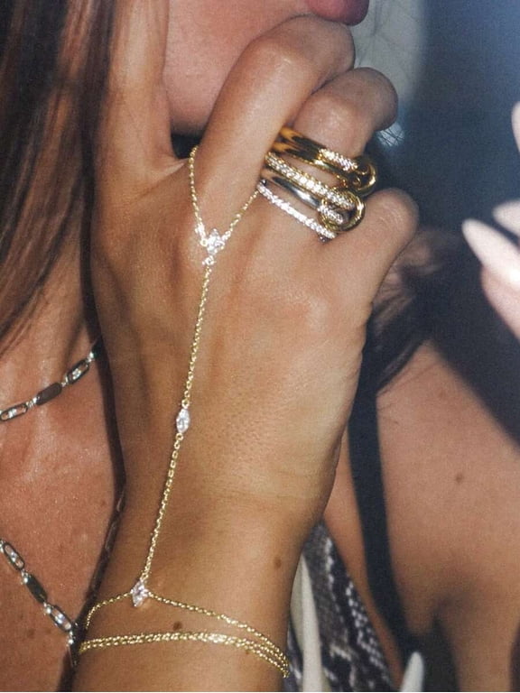 2-Piece Sparkling Cubic Zirconia Hand Chain Ring Set in Yellow Gold for Women