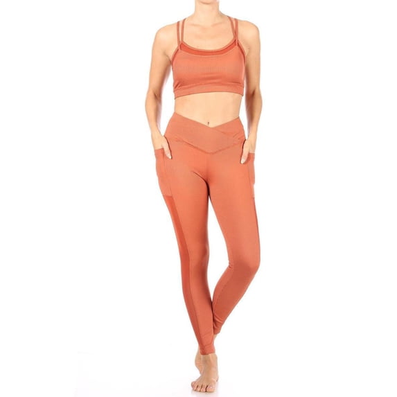 2-Piece Sports Set Rib Knit Bra Top With Mesh Trim Overlap Waist Legging With Mesh Panels Pockets - Rust
