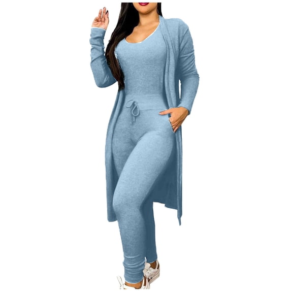 2 Piece Sports Tracksuit Womens Casual Fashion Pocket Zipper Jacket Lazy Style Loose Wide Leg Pants Set Two-Piece Set 2 Piece Outfits Sweatsuit Set S-116 Light Blue XL