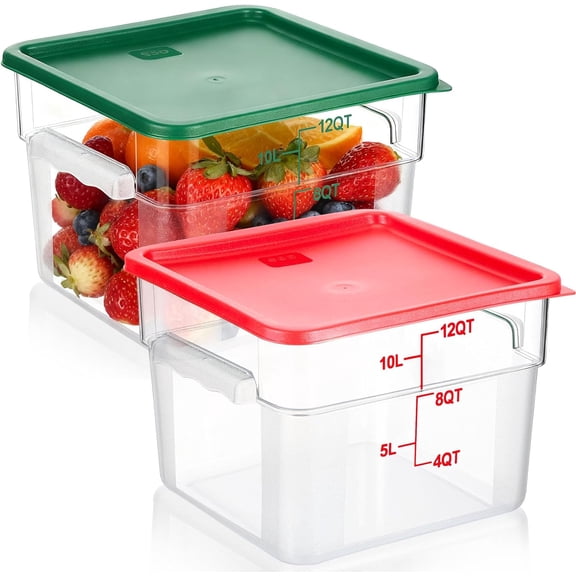 2 Piece Square Clear Polycarbonate Food Storage Container with Lid 12 Qt Commercial Grade with Graduations Green Red