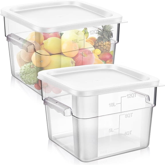 2 Piece Square Clear Polycarbonate Food Storage Container with Lid and Graduations 12 Qt White