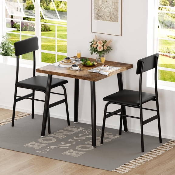 2 Piece Square Dining Table Set, Rustic Wood Top Small Dinner Table with 2 PU Padded Chairs, Metal Frame Compact Breakfast Table for Small Space, Brown