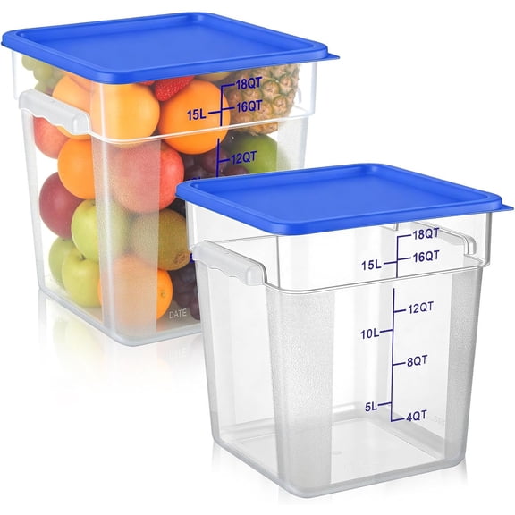 2 Piece Square Food Storage Container Set with Lid 18 Qt Clear Polycarbonate Commercial Grade with Graduated Measurements Blue