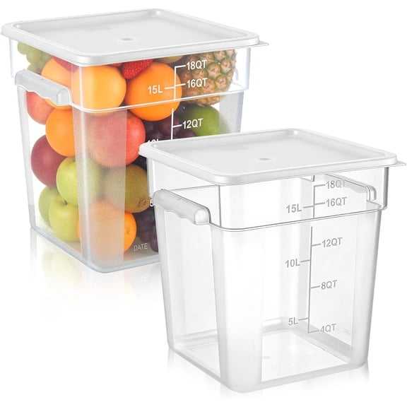2 Piece Square Food Storage Container Set with Lid, Clear Polycarbonate, 18 Qt Capacity, Graduated Markings, White
