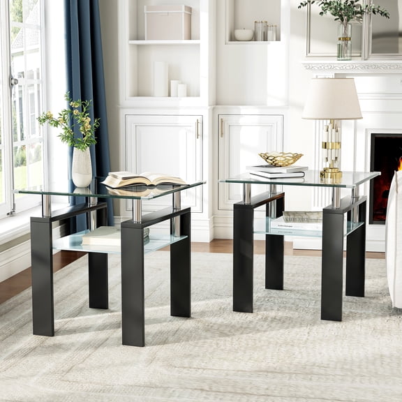 2-Piece Square Glass End Table Set, 24" 2-Tier Tempered Glass Top with Black MDF Legs and Metal Column Support, for Living Room, Bedroom
