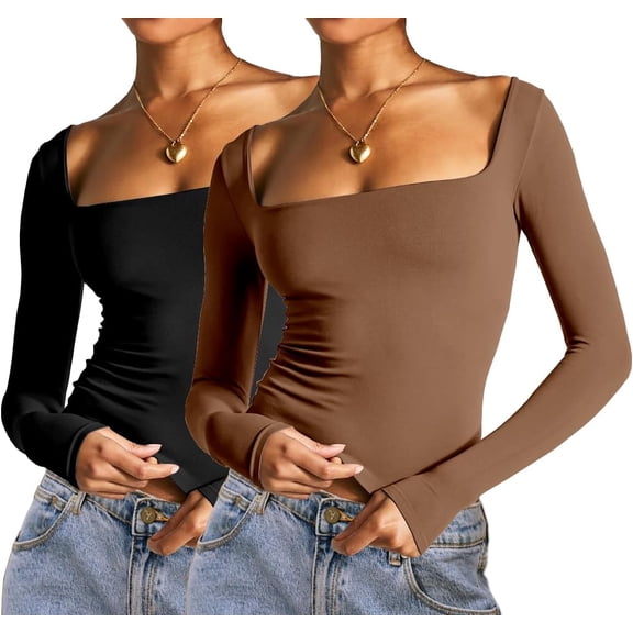 2 Piece Square Neck Tops for Women Slim Fit Double Layer Fall Long Sleeve Crop Top T Shirts