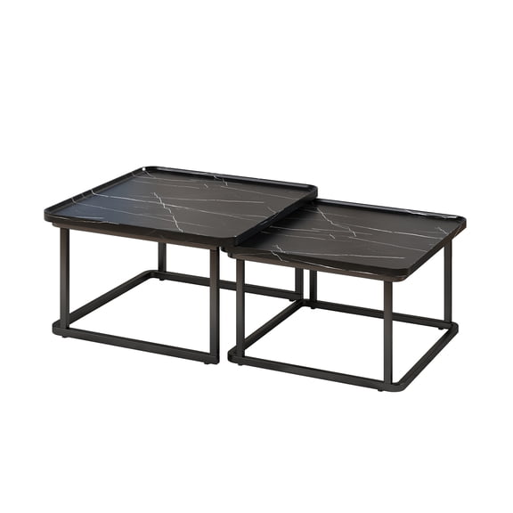 2-Piece Square Nesting Coffee Tables 23.6" & 19.7" Fluted Raised Edge, Space-Saving for Living Room