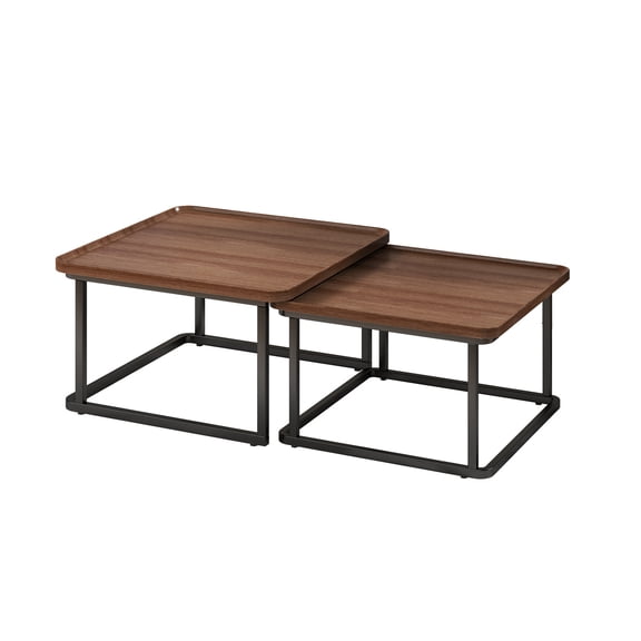 2-Piece Square Nesting Coffee Tables 23.6" & 19.7" Fluted Raised Edge, Space-Saving for Living Room
