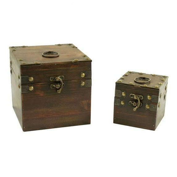2 Piece Square Solid Wood Box Set - Brown