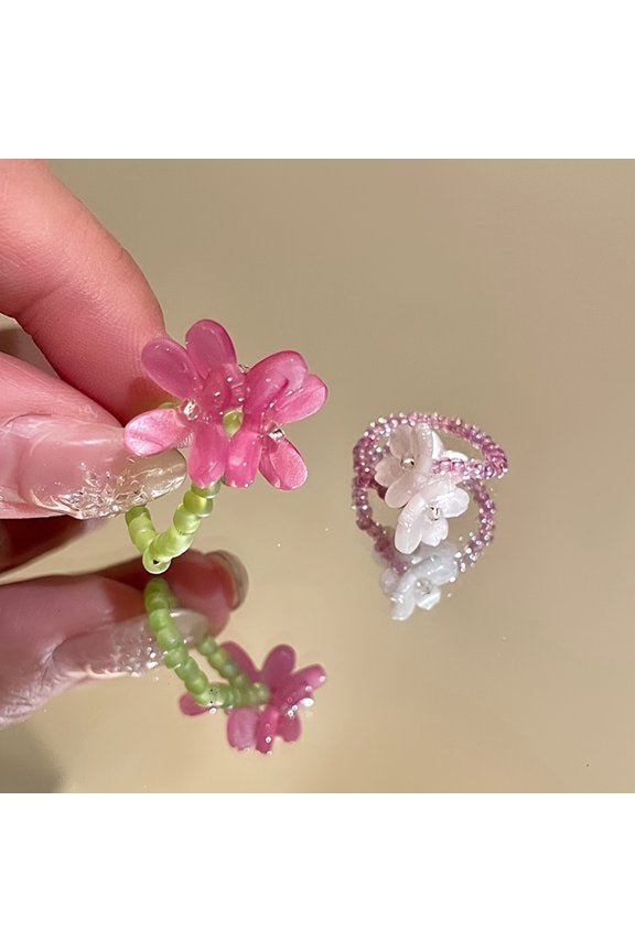 2-Piece Stackable Elastic Resin Flower Finger Ring Set, Elegant Dopamine Tone Violet Flower Index Rings, Comfortable Beaded Flexible Finger Jewelry for Daily Casual Matching