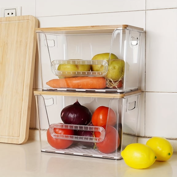 2-Piece Stackable Food Storage Containers with Bamboo Lids, BPA-Free Acrylic Pantry Organizer Bins for Potatoes, Onions, Fruits Vegetables, Kitchen Organization
