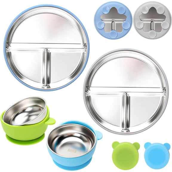 2-Piece Stainless Steel Baby Plates and Bowls with Suction Cups, Divided Children's Plates and Bowls, with Removable Silicone Suction Cups, Non-Slip Baby Feeding Set, Dishwasher Cleanable.