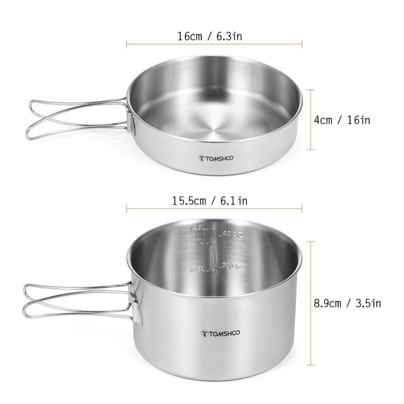 2-Piece Stainless Steel Camping Cookware Set with Foldable Handles for Outdoor Cooking and Hiking Essentials 6.3 Inch