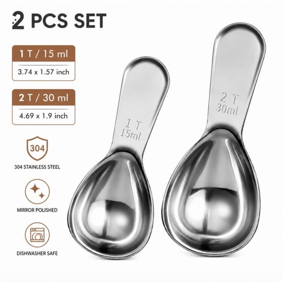 2 Piece Stainless Steel Coffee Measuring Scoop Set, 15 ml and 30 ml Tablespoon Measures for Coffee, Tea and Ingredients, TIKA