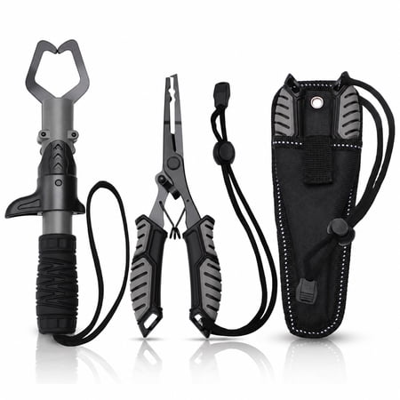 2-Piece Stainless Steel Fishing Tool Kit, Fishing Pliers with Sheath & Fish Lip Gripper, Non-Slip TPR Handle, Hook Remover Split Ring Line Cutter for Saltwater Freshwater Lure Fishing Gift(Black)