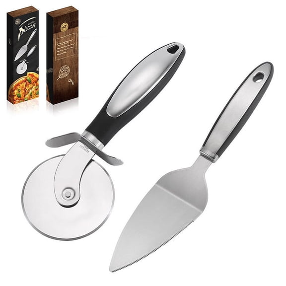 2-Piece Stainless Steel Pizza Cutter Wheel and Server Set, Professional Pizza Slicer with Ergonomic Handle for Baking, Sharp Rolling Blade for Crust, Pie and Pastry, Smoked Ash