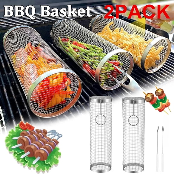 2‑Piece Stainless Steel Rolling Grilling Basket BBQ Grill Basket Set with Hollow Tube Design for Outdoor Cooking, Vegetables & Meat on Charcoal Gas Grills