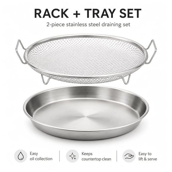 2-Piece Stainless Steel Round Oil Strainer Basket Set, Reusable Mesh Frying Drainers and Cooling Racks, Large