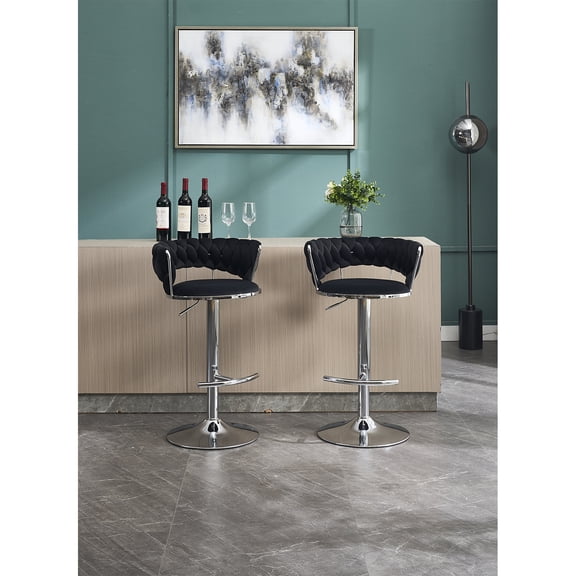 2-Piece Steel Chrome Swivel Stool with Adjustable Height Black Velvet Seat