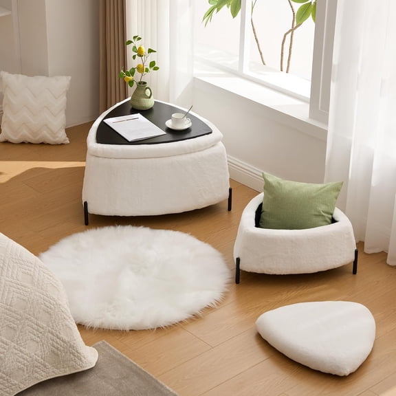 2-Piece Storage Ottoman Coffee Table, Faux Fur Upholstered Foot Rest Stool with Metal Legs & Reversible Lid, Modern Unique Triangular Footstool Set for Living Room Bedroom Entryway (Ivory)