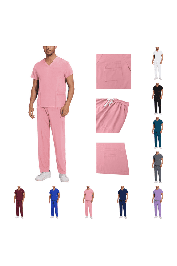 2 Piece Stretch Scrub Set for Men, Spring Summer V-Neck Short Sleeve Scrub Top & Multi-Pocket Cargo Jogger Pants, Quick Dry Anti-Wrinkle Medical Work Uniform Pink S