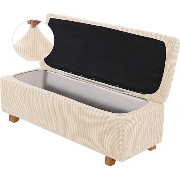 2 Piece Stretch Storage Ottoman Cover, Rectangle Ottoman Slipcover with Storage Lid Cover Footstool Bench Cover Non Slip Footrest Stool Furniture Protector (Beige,X-Large)