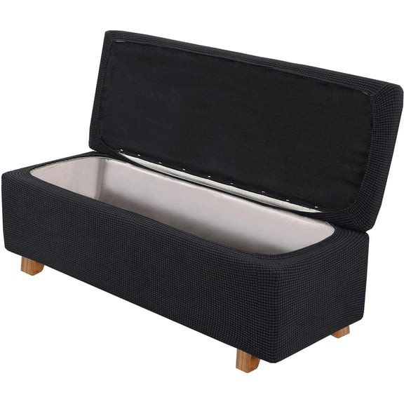 2 Piece Stretch Storage Ottoman Cover, Rectangle Ottoman Slipcover with Storage Lid Cover Footstool Bench Cover Non Slip Footrest Stool Furniture Protector (Black,X-Large)