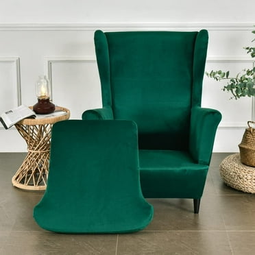 2-Piece Stretch Wingback Slipcover, Elastic Velvet Armchair Chair Cover Protector, Includes 1pcs Base Protective Cover and 1pcs Cushion Protective Cover, Dark Green