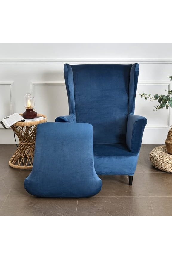 2-Piece Stretch Wingback Slipcover, Elastic Velvet Armchair Chair Cover Protector, Includes 1pcs Base Protective Cover and 1pcs Cushion Protective Cover, Navy Blue
