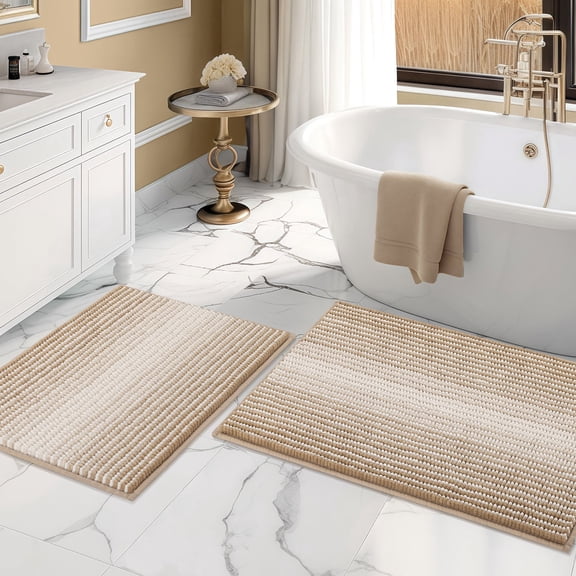 SHEETCUBE 2 Piece Striped Bath Mat Set, Back to School Chenille Bathroom Rugs, Non-Slip Extra Absorbent Machine Washable, Beige, 20"x32" and 16"x24"