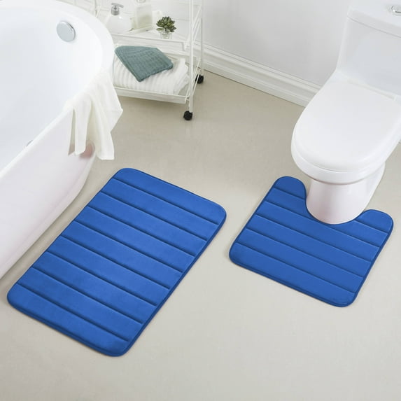 2 Piece Striped Design Solid Memory Foam Bathroom Rug Set Non-Slip