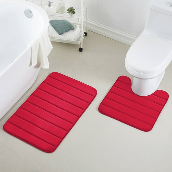 2 Piece Striped Design Solid Memory Foam Bathroom Rug Set Non-Slip
