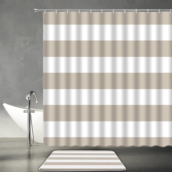 2 Piece Striped Shower Curtain Sets with Bath Mat,Brown Boho Striped Modern Fashion Brown Design Pattern Bathroom Decor Polyester Curtain with Hook
