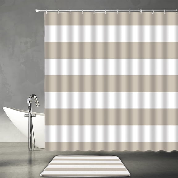2 Piece Striped Shower Curtain Sets with Bath Mat,Brown Boho Striped Modern Fashion Brown Design Pattern Bathroom Decor Polyester Curtain with Hook