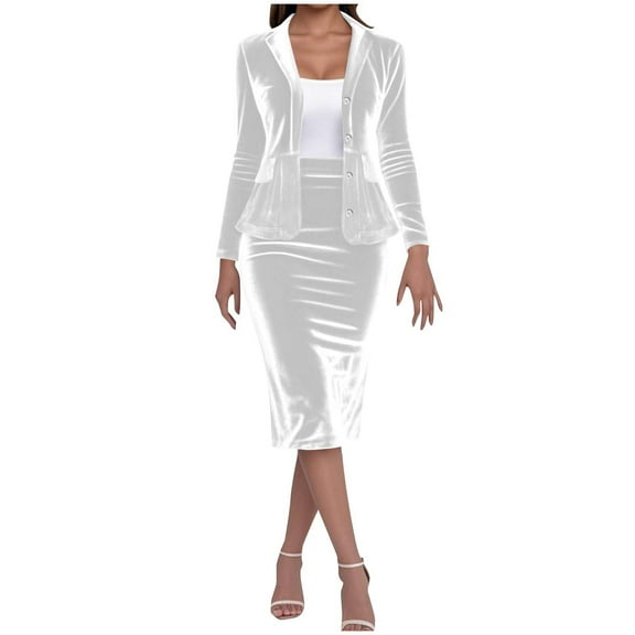 2 Piece Suit Skirt Sets for Women Velvet Long Sleeve Blazer Jacket Midi Pencil Skirt Business Office Formal Dress Suit, XXL