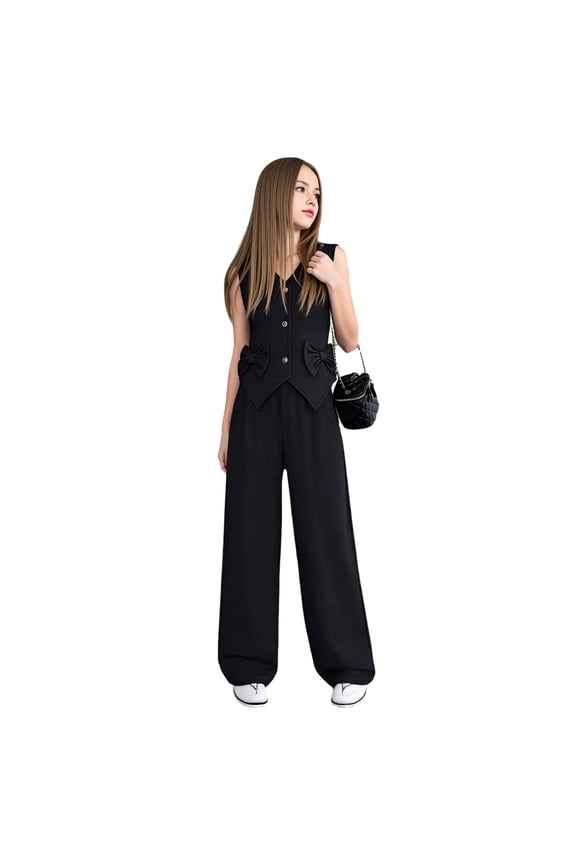2-Piece Suit Tween Girls Fashion Formal Set, Sleeveless Blazer Vest & High Waist Wide Leg Pants for Spring/Summer