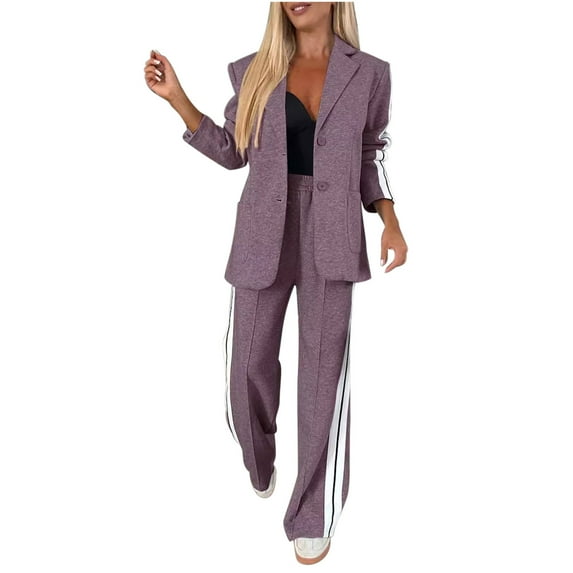 2 Piece Suits for Women Plus Size Long Sleeve Lapel Collar Coats with Pockets Elastic Suit Pants Color Block Sets (4XL, Purple)