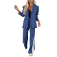 thumbnail image 1 of 2 Piece Suits for Women Plus Size Long Sleeve Lapel Collar Coats with Pockets Elastic Suit Pants Color Block Sets (5XL, Blue), 1 of 6