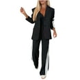 thumbnail image 1 of 2 Piece Suits for Women Plus Size Long Sleeve Lapel Collar Coats with Pockets Elastic Suit Pants Color Block Sets (L, Black), 1 of 6