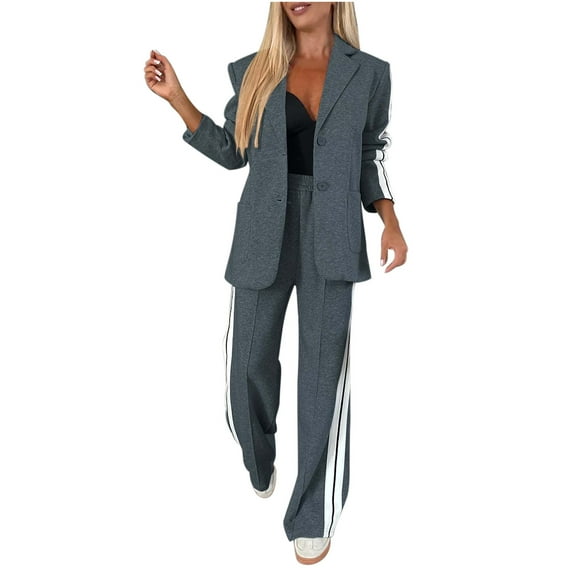 2 Piece Suits for Women Plus Size Long Sleeve Lapel Collar Coats with Pockets Elastic Suit Pants Color Block Sets (XL, Dark Gray)