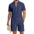 thumbnail image 1 of 2 Piece Summer Beach Outfits for Men, Casual Henley Vneck Shirt and Shorts Set, 1 of 4