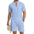 thumbnail image 1 of 2 Piece Summer Beach Outfits for Men, Casual Henley Vneck Shirt and Shorts Set, 1 of 4