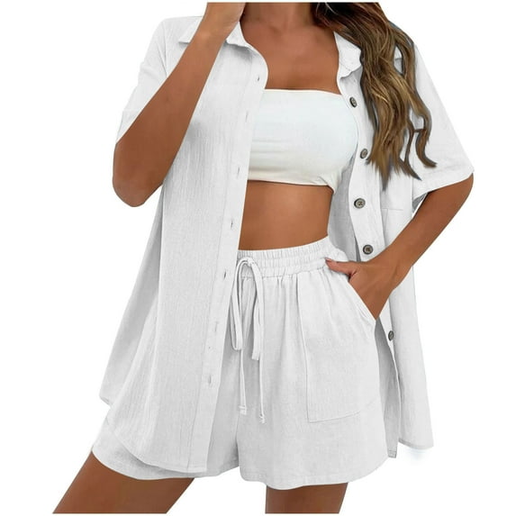 2 Piece Summer Beach Vacation Outfits Lounge Sets Button Down Shirts and Shorts Casual Women's Solid Color Short Sleeve Linen Shirts Linen Shorts Elastic Waist Pockets Shorts Sets