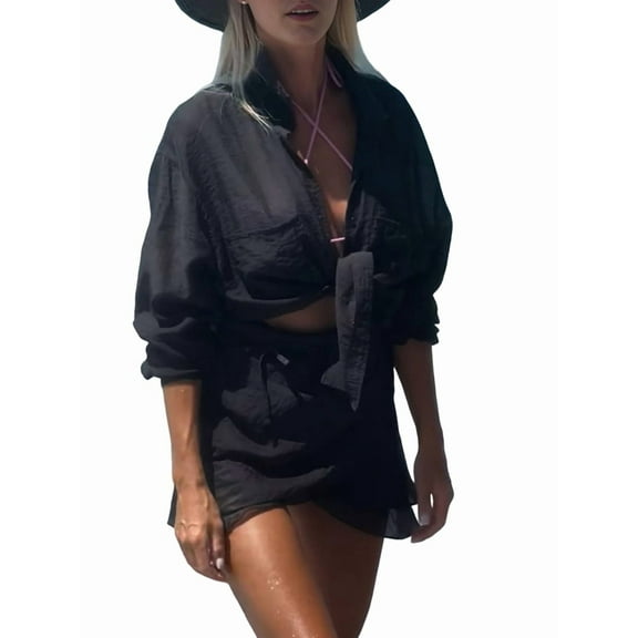 2 Piece Summer Outfits Button Down Shirt Top and Skirts Casual Lounge Sets Black One size