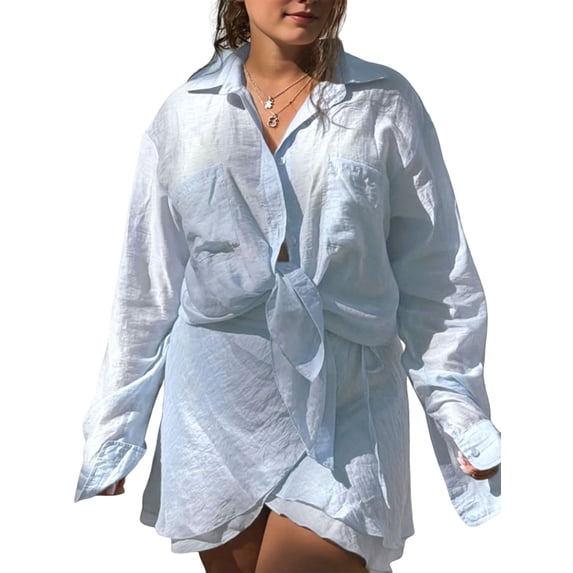 2 Piece Summer Outfits Button Down Shirt Top and Skirts Casual Lounge Sets Light Blue One size