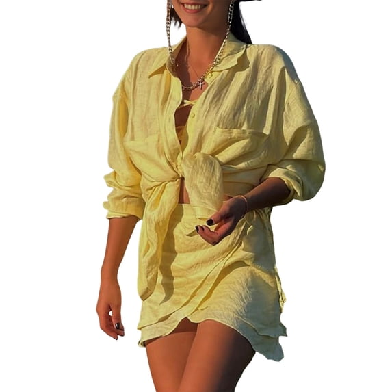 2 Piece Summer Outfits Button Down Shirt Top and Skirts Casual Lounge Sets Yellow One size